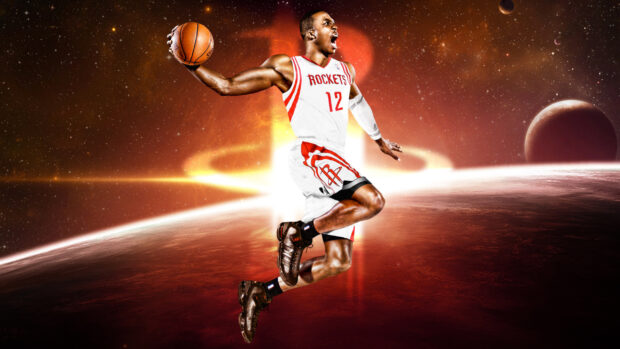 Houston Rockets player jumping to dunk the basketball in space background
