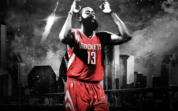Houston Rockets player wearing number 13 jersey celebrating with Houston city skyline in the background