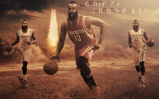 James Harden from Houston Rockets dribbling a basketball on a rocky landscape with a rocket launch in the background