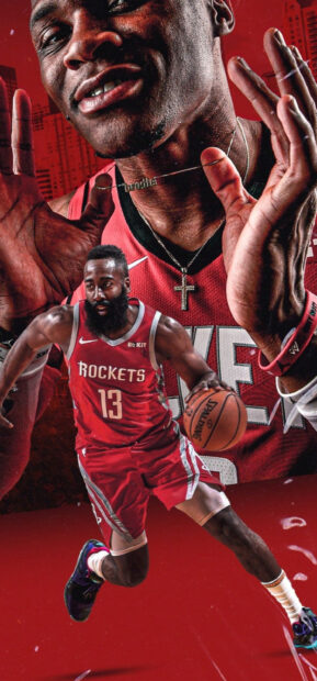 Houston Rockets player with beard dribbling basketball in red uniform