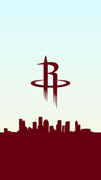 A Houston Rockets logo above the silhouette of Houston city skyline in a minimalist style