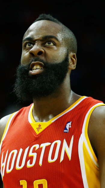 Intense Houston Rockets player showing emotion during a basketball game