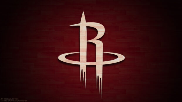 Houston Rockets logo on a wooden basketball court background in high quality