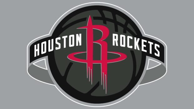 Houston Rockets logo in black and red with basketball details on a gray background