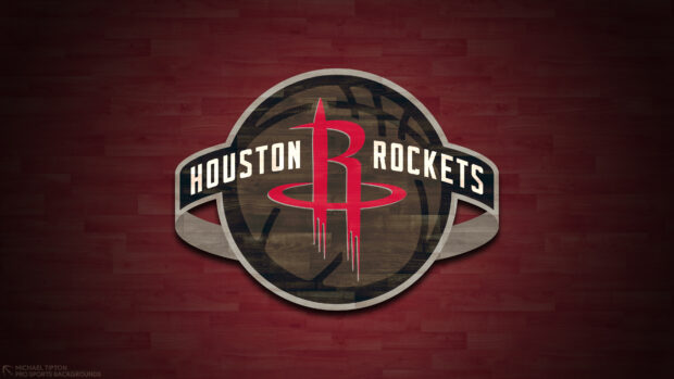 The Houston Rockets logo with wooden texture on a red basketball court background