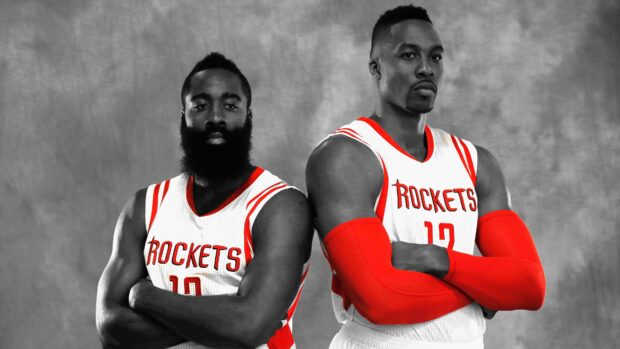 Two Houston Rockets players standing with arms crossed in black and white portrait