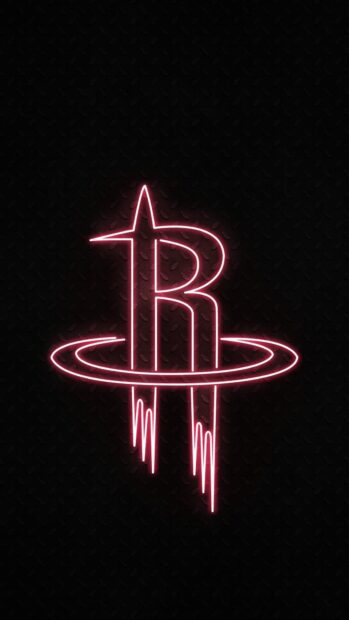 Neon style Houston Rockets logo glowing in red on a dark textured background