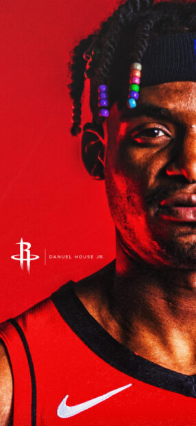 Danuel House Jr in Houston Rockets uniform with colorful beads in hair on a red background