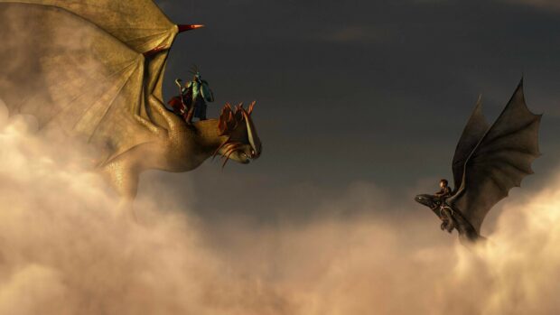 A scene from How To Train Your Dragon showing dragons flying above the clouds