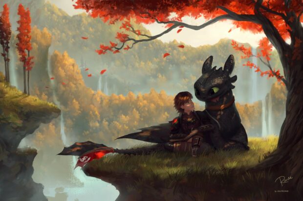 A young Viking boy sitting closely with a friendly dragon under a red autumn tree on a cliff edge