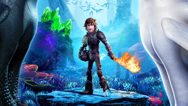 Hero from How To Train Your Dragon standing with a fiery sword in a glowing fantasy cave