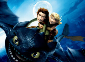 Hiccup and Astrid flying on a dragon under a full moon on a clear night