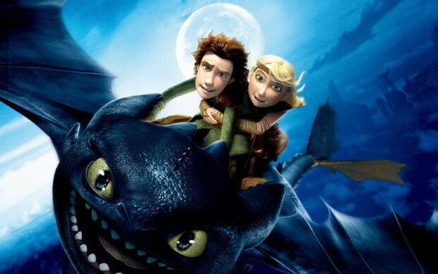 Hiccup and Astrid flying on a dragon under a full moon on a clear night