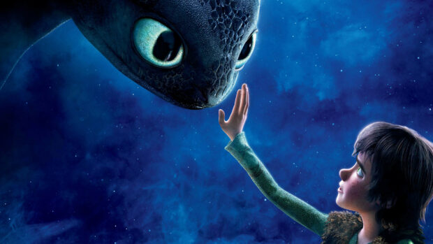 Hiccup from How To Train Your Dragon reaching out to touch the dragon's face in a night sky scene