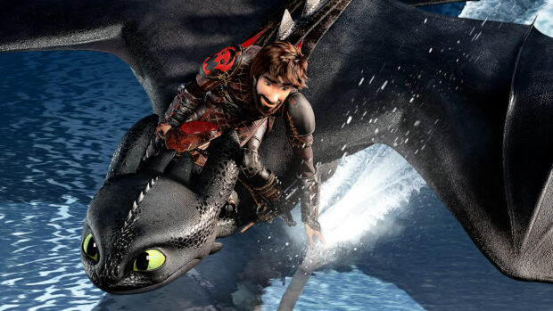 A character from How To Train Your Dragon riding a black dragon over water