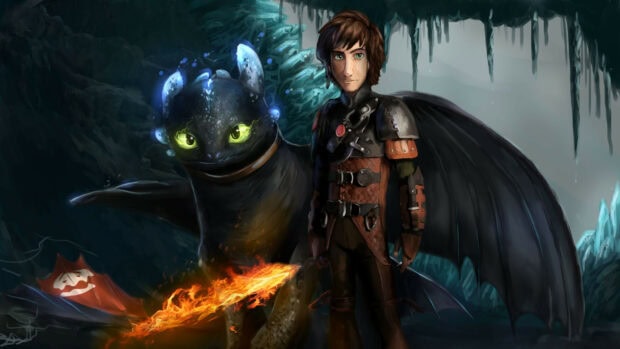 Hiccup standing with dragon holding a fiery sword in a dark cave from How To Train Your Dragon