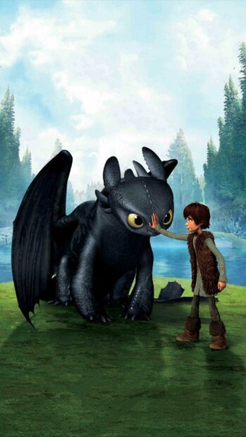 A young boy from How To Train Your Dragon touching a friendly dragon in a forest clearing