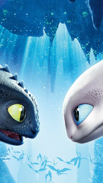 Close up of the main dragon characters from How To Train Your Dragon facing each other in an icy cave