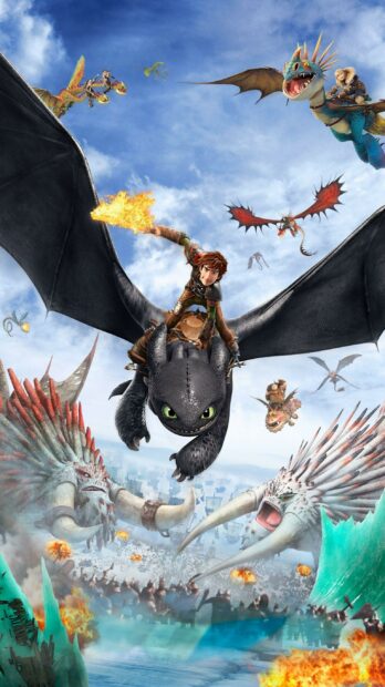 A dragon rider holding fire on his hand flying with dragons over a battle scene from How To Train Your Dragon