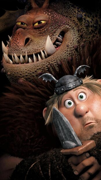 A Viking warrior holding a sword with a big smiling dragon behind in How To Train Your Dragon