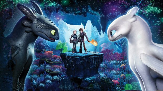 Hiccup and Astrid with dragons in an underwater cave scene from How To Train Your Dragon