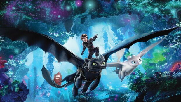 Hiccup riding a dragon flying through a glowing underwater cave in How To Train Your Dragon