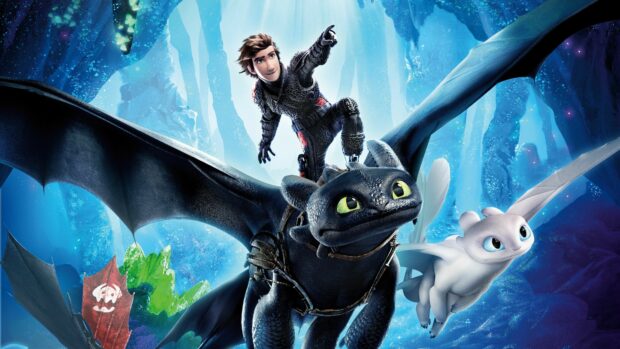 Hiccup riding a dragon in a fantasy cave from How To Train Your Dragon