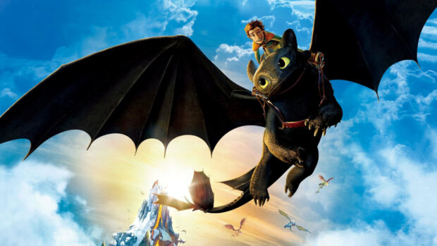 Hiccup riding the dragon flying high over a volcanic island in the sky