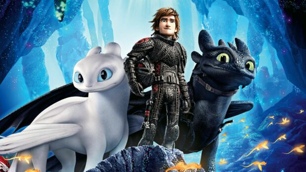Hiccup with his dragons Toothless and Light Fury in a cave from How To Train Your Dragon