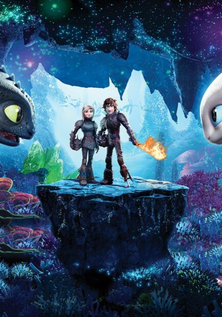 Hiccup and Astrid stand on a glowing rock in a magical cave from How To Train Your Dragon
