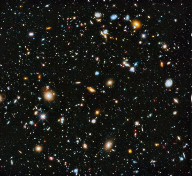 A detailed view of galaxies and celestial objects in deep space from the Hubble Deep Field