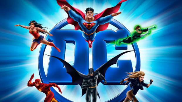 The image features famous DC super heroes flying in front of a glowing logo, 2K Desktop Wallpaper