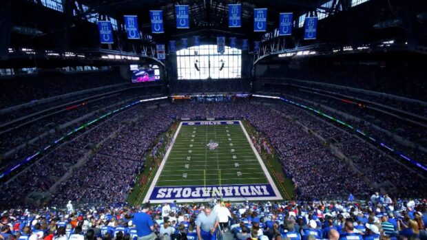 A high definition view of an Indianapolis Colts stadium filled with fans and banners