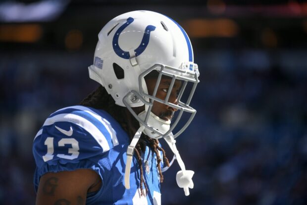 Indianapolis Colts player wearing helmet and jersey number 13 during game