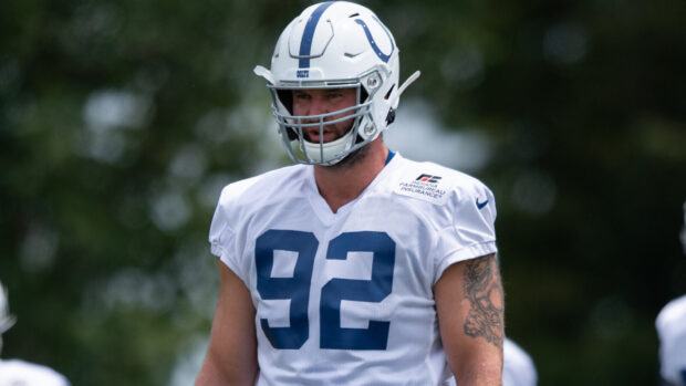 Indianapolis Colts player wearing number 92 jersey during practice session