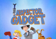 Inspector Gadget cartoon characters with detective hat, girl with blonde hair, dog with big eyes on a blue background.