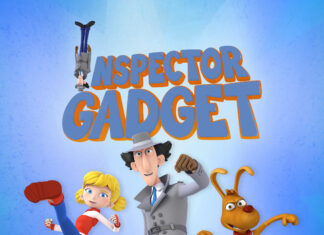 Inspector Gadget cartoon characters with detective hat, girl with blonde hair, dog with big eyes on a blue background.