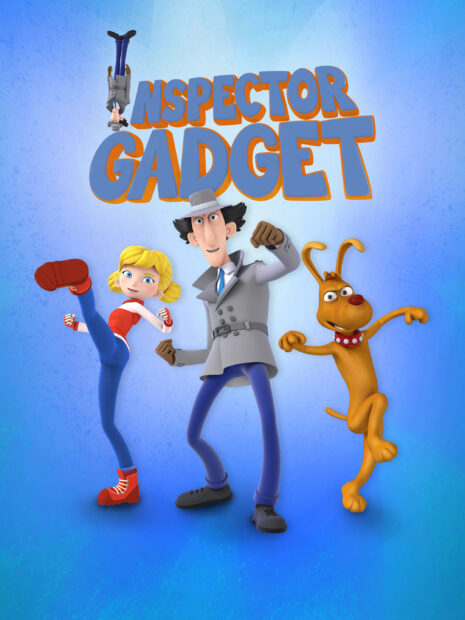Inspector Gadget and friends are striking action poses in front of a blue background, 2K Desktop Wallpaper