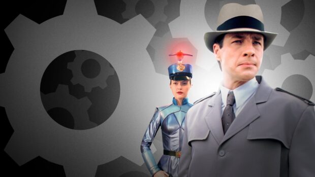 Inspector Gadget and Officer Visitant are featured in a scene with gear symbols, Inspector Gadget Wallpapers, HD Desktop Wallpaper