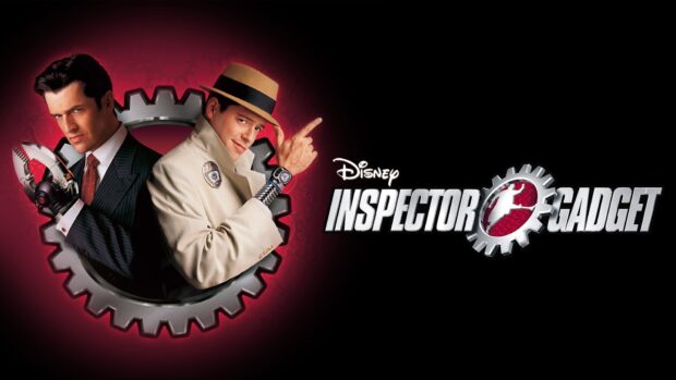 Inspector Gadget stands with a confident pose alongside a villain in a dark red setting, HD Desktop Wallpaper