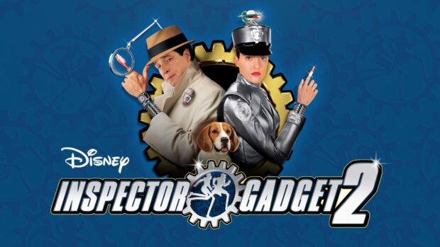 The main characters of Inspector Gadget stand back to back with a dog and mechanical gears in the background, HD Desktop Wallpaper