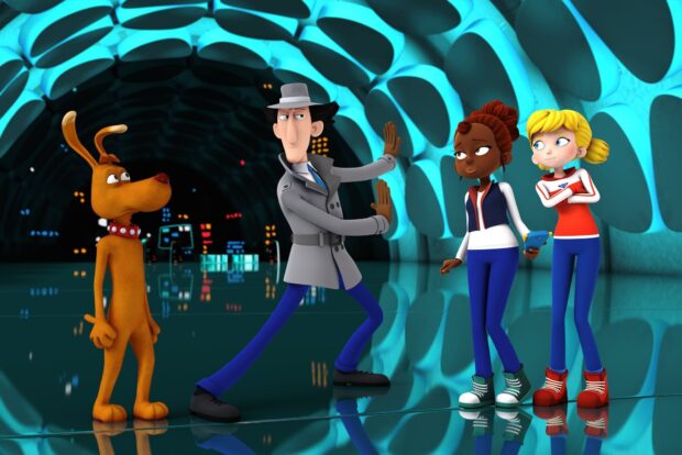 Inspector Gadget Wallpapers show characters in a glowing tunnel setting with dog and girls, HD Desktop Wallpaper