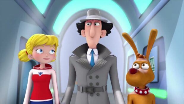 Inspector Gadget and his companions stand inside a futuristic hallway, 2K Desktop Wallpaper
