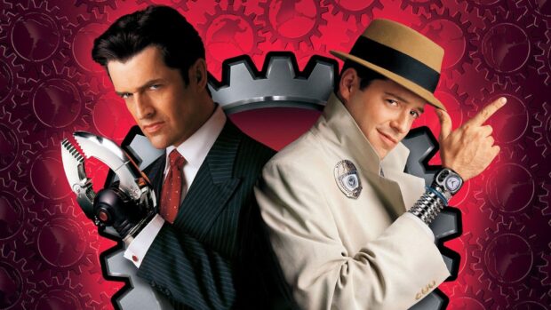 Two men dressed as Inspector Gadget with a red gear background, HD Desktop Wallpaper