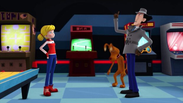Inspector Gadget and friends stand in arcade room, HD Desktop Wallpaper