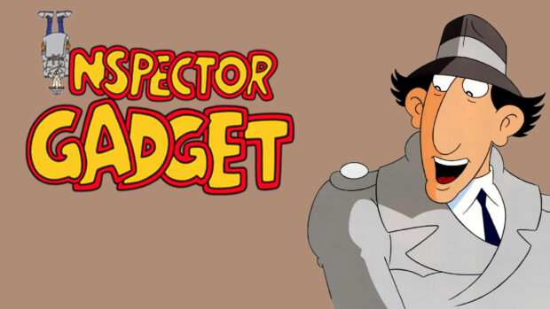 Inspector Gadget character smiling beside the colorful logo on brown background, HD Desktop Wallpaper