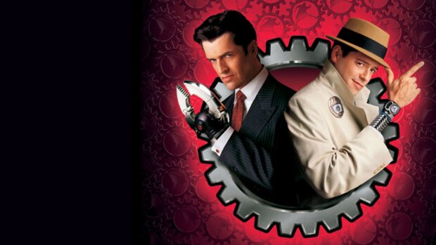 The Inspector Gadget characters stand back to back with mechanical gears in the background, HD Desktop Wallpaper