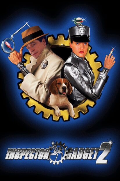 The iconic Inspector Gadget characters stand back to back with a dog and various gadgets in this design, 2K Phone Wallpaper