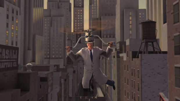 Inspector Gadget flying with a propeller hat through tall city buildings at sunset, HD Desktop Wallpaper