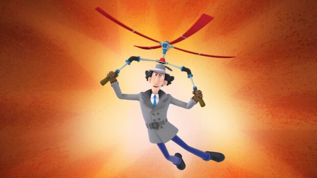 Inspector Gadget flying using a helicopter hat gadget against an orange background, HD Desktop Wallpaper